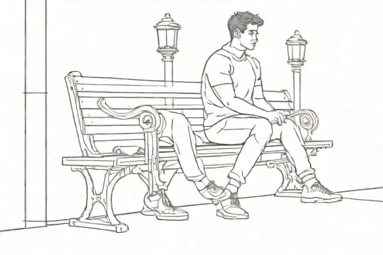 Fine Line Drawing Of Young Man On Bench Next To Lamppost