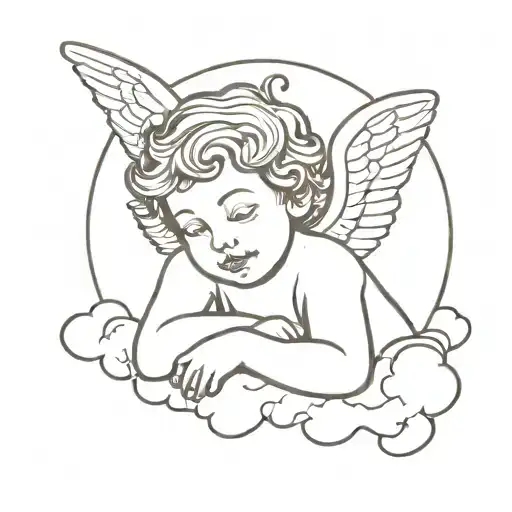 Minimalistic Thin Line Tattoo Of A Cherub Angel Resting On A Cloud With One Arm Propped Up On Face