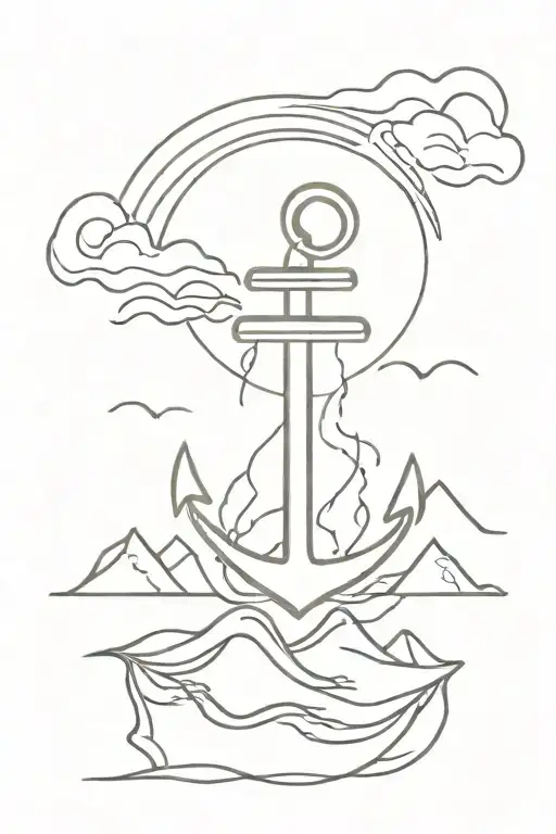 Anchor With Mountains And Sea Waves