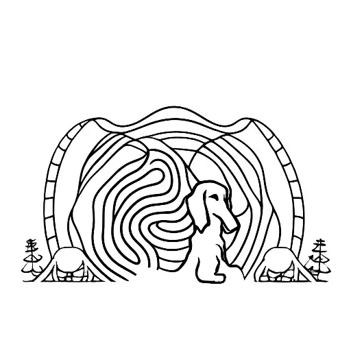 Silhouette Of The Back Of A Woman And Her Dog Looking Out Into Distance With Single Line