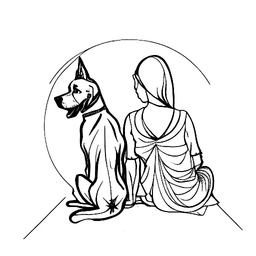 Silhouette Of The Back Of A Woman And Her Dog Looking Out Into Distance With Single Line