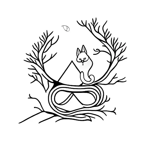 A Minimalist Tattoo Of A Cat Sitting On A Tree Branch With A Mountain Backdrop