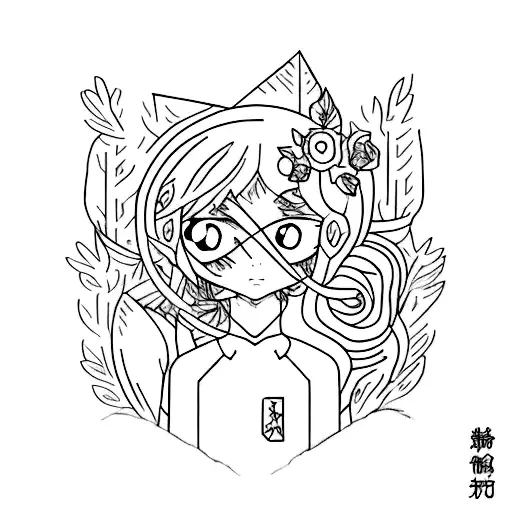 A Minimalist Tattoo Of An Anime Character Surrounded By Nature Elements Like Flowers And Trees