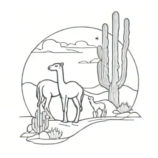 Cactus And Camel In Sunset In Desert