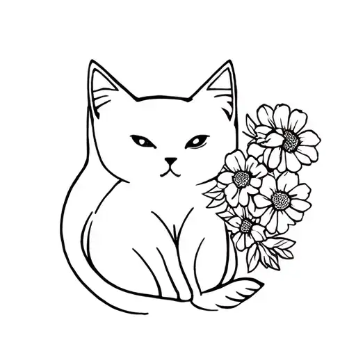 Simple Tattoo Of A Cat With Flowers