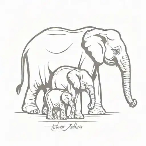 2 Parent And 3 Baby Elephants Holding Trunks