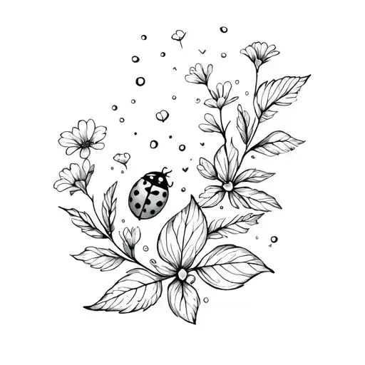 Ladybug On Some Leaves And Flowers