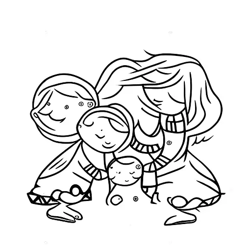 Mother With Two Children Small And Cute