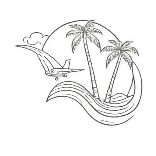 Palm Tree With Waves And Airplane Flying