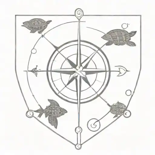 Compass With Turtle And Pufferfish Swimming Into And Out Of It
