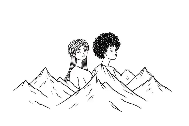 Curly Hair Friend W Straight Hair Friend Pooking At The Mountains