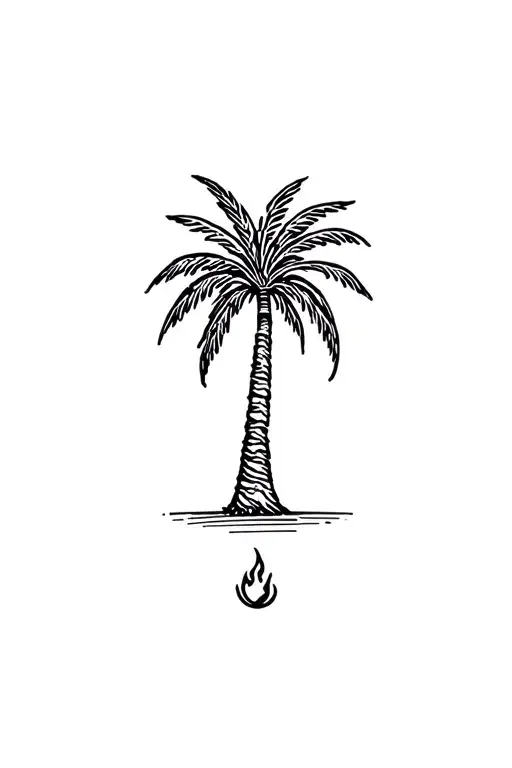 A Palm Tree With A Tiny Fire Symbol Etched Into The Trunk