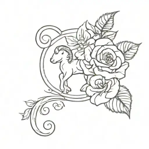 Aries Sign With Damask Rose Growing Inside Of It