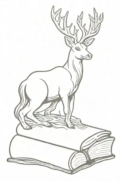 Head Of White Stag With Fire Crown Above Head Sitting On Top Of Open Book