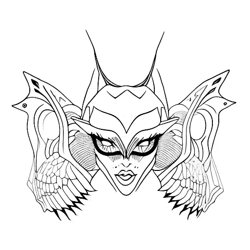 Minimalist Black Work Tattoo Full Body Woman With Bat Wings And Horns