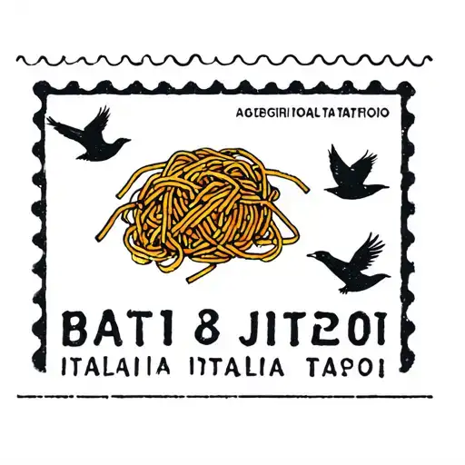 Postal Stamp With Italian Spaghetti And 3 Birds Flying Away