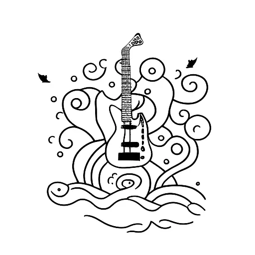 A Minimalist Tattoo Of A Guitar Surrounded By Nature