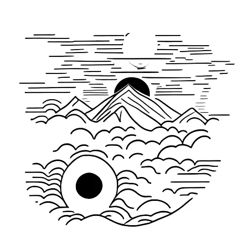 Mountain With River And Sun And Fern