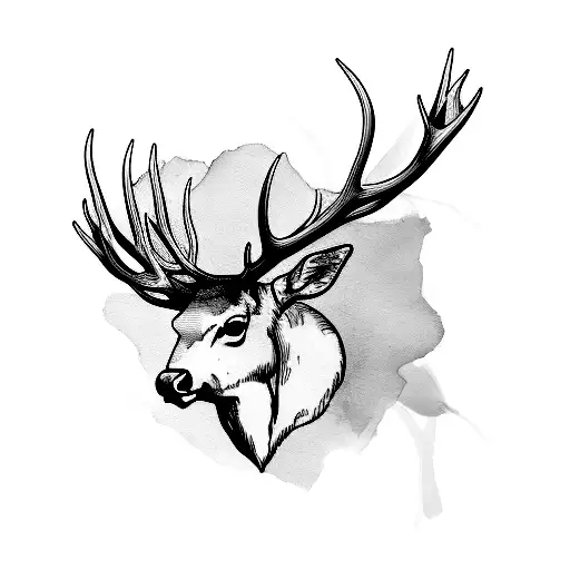 Fine Line Simple Realistic Elk Skull With Antlers