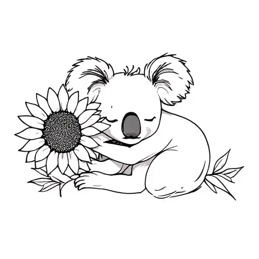 Line Drawing Princess Koala Sleeping On Sunflower Minimalist
