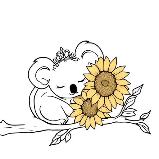 Princess Koala Sleeping On Branch With Sunflower