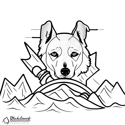 A Minimalist Tattoo Of A Dog Holding A Hiking Stick With A Mountain Range In The Background