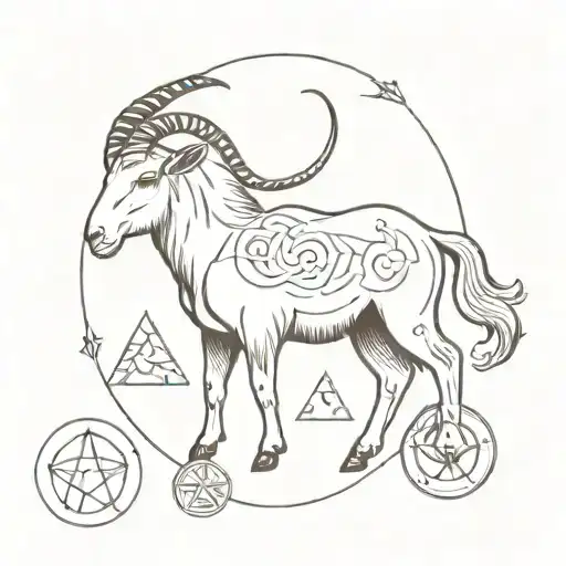 A Sketch Style Tattoo Of A Goat Surrounded By Symbols Of The Occult And Dark Magic