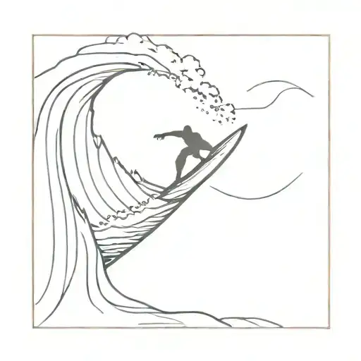 A Minimalist Sketch Of A Surfer Riding A Wave At Sunset