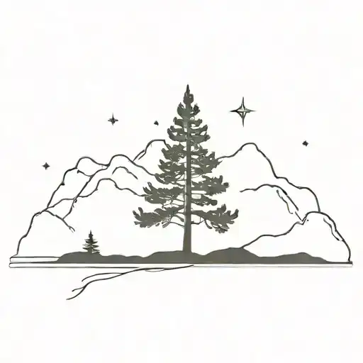 A Minimalist Design Of A Lone Pine Tree Against A Backdrop Of The Northern Lights