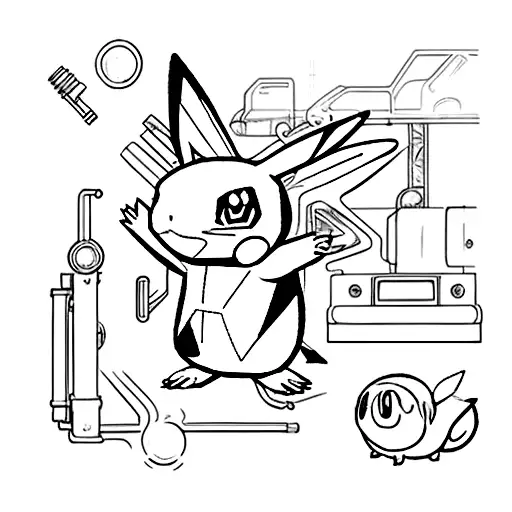 Pokemon Characters Interacting With Different Car Parts In A Mechanic's Workshop