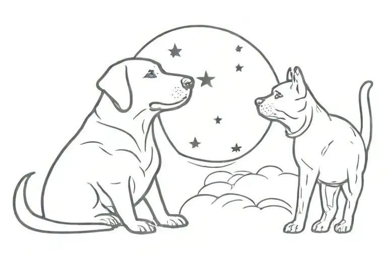 Labrador And A Cat With Halos Above Their Head Looking At The Moon