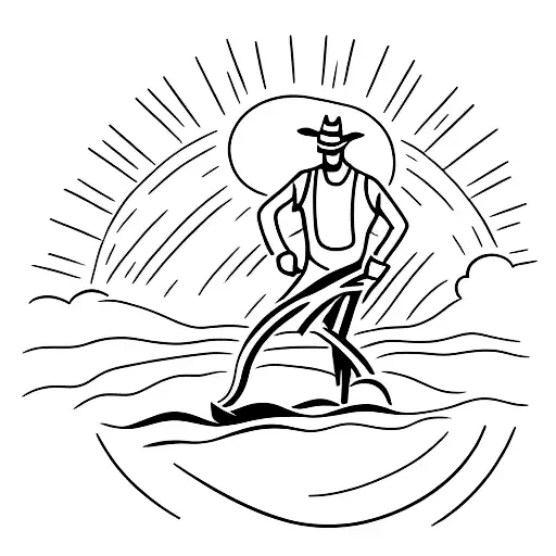 A Simple Silhouette Of A Farmer Working In A Field With The Sun Setting Behind