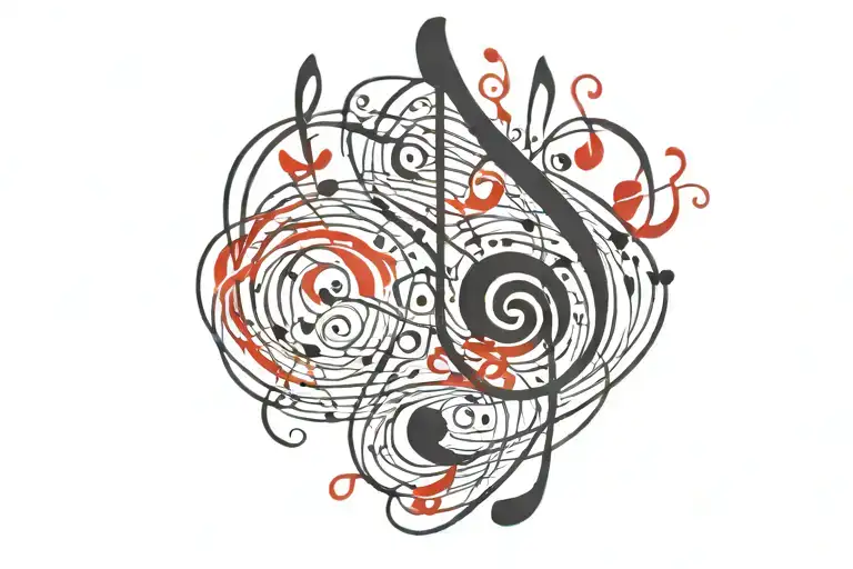 Flowing Music Tattoo For Side Of Head Black And Red