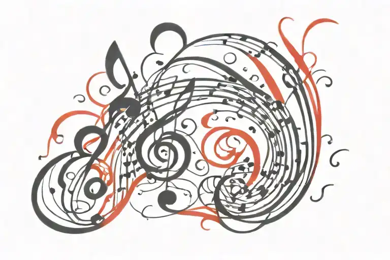 Flowing Music Tattoo For Side Of Head Black And Red