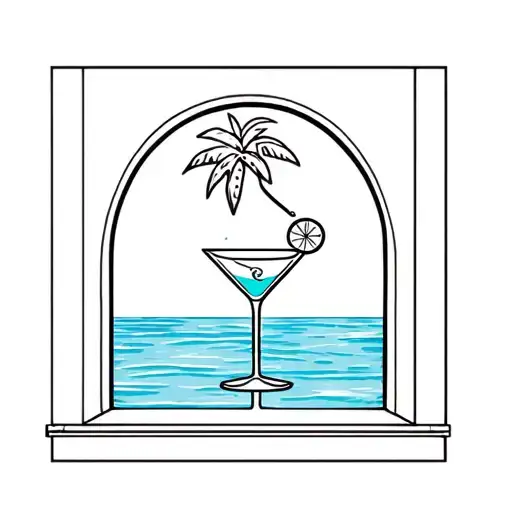 A Fairly Simple Tattoo Of An Arc Window That Saw A Martini Cocktail On Sea With A Palm Tree