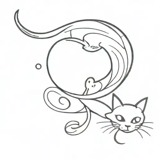 Black And White Colored Cat And Fish Tail