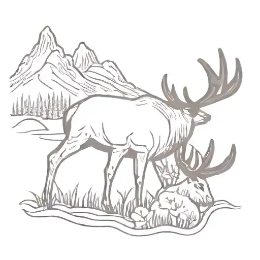 Elk With Lily And Mountain Landscape