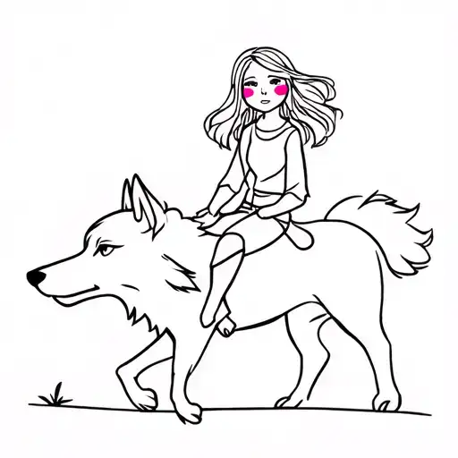 Girl With Pink Cheeks Riding A Wolf