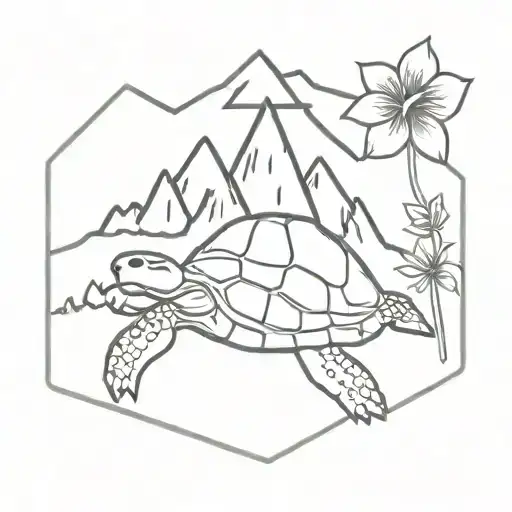 Turtle And Hawaiian Flower And Mountain Peak