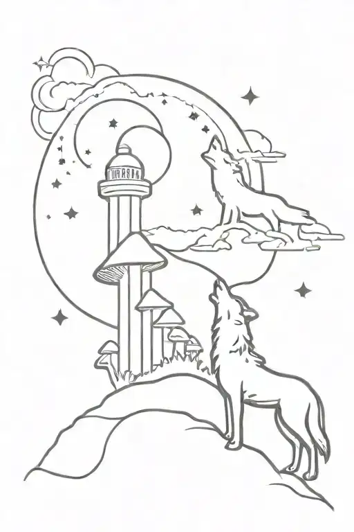 Mushroom And Wolf Howling At The Moon