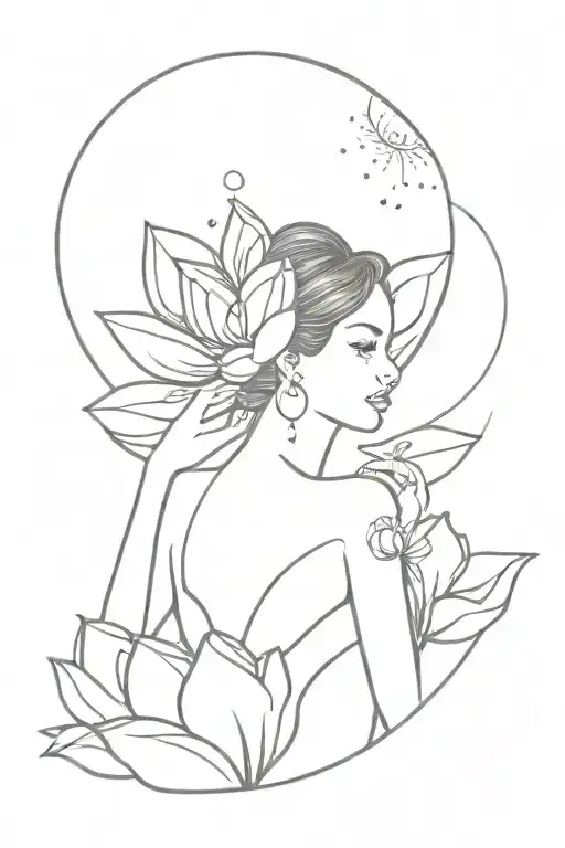 Woman Moonlight And Lotus Flower