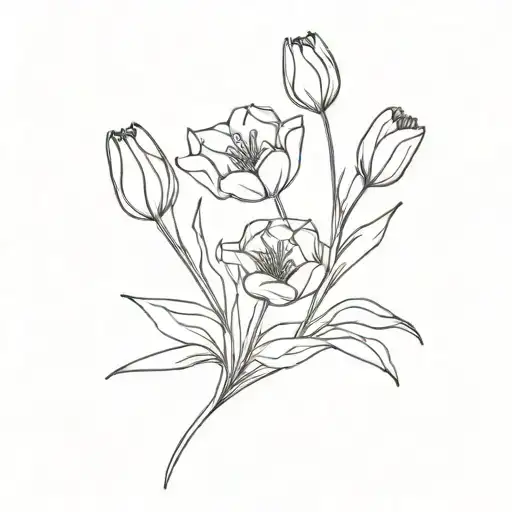 A Small Bouquet Of Tulips Blooming As A Fine Line