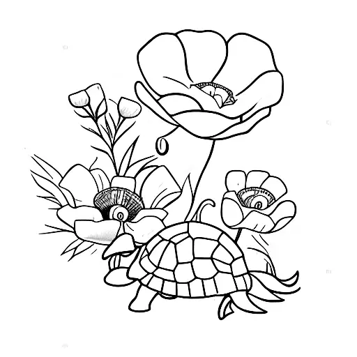 Turtle With Poppy Flower