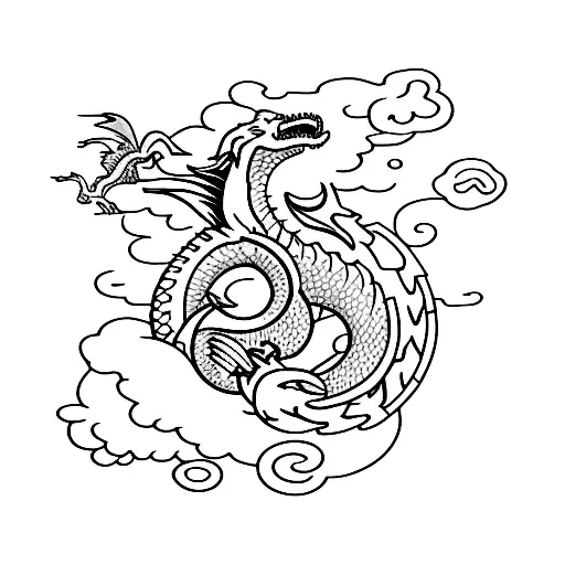 A Minimalist Tattoo Of A Dragon Flying Through A Cloudy Sky With Flowers Blossoming Below