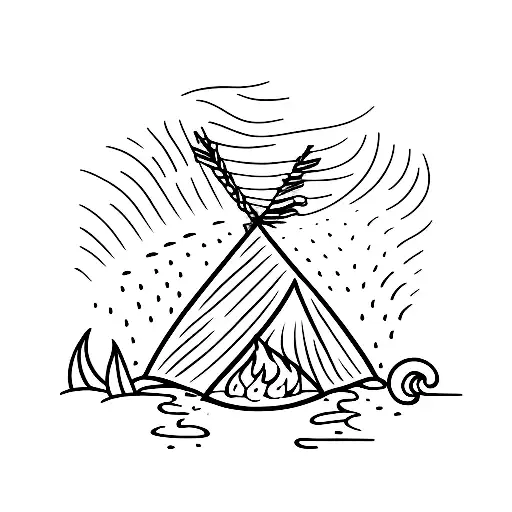 A Minimalist Tattoo Of A Beach Scene With A Tent And A Bonfire