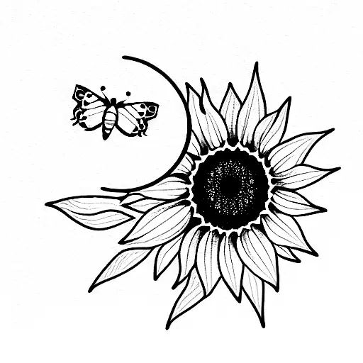 Sunflower And Moon And Butterfly