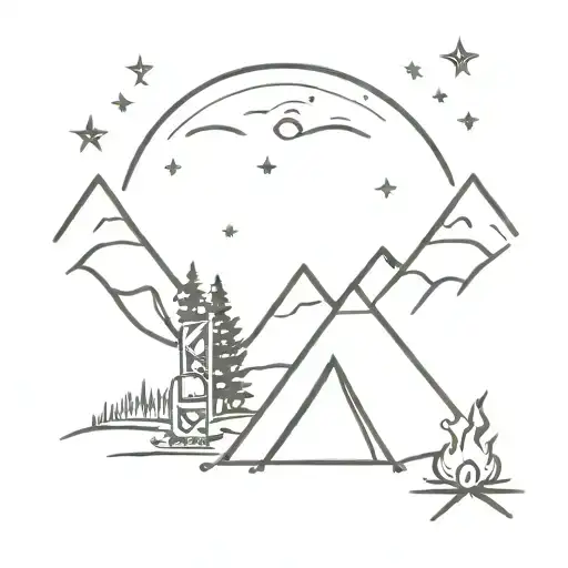 Camp Fire And Tent With A Mountain