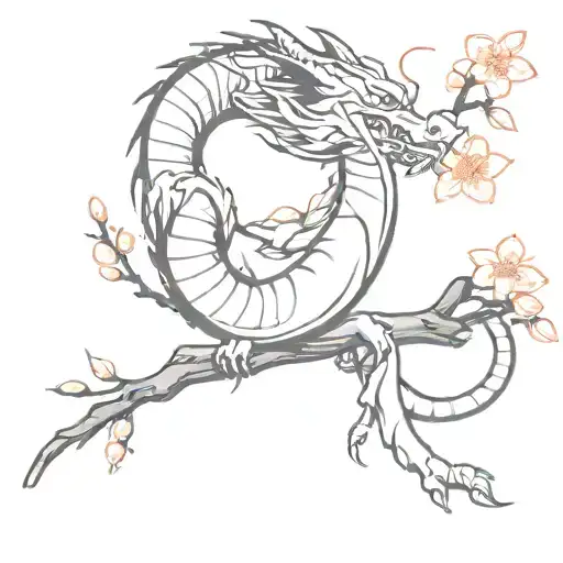 A Minimalist Design Of A Dragon Wrapped Around A Cherry Blossom Branch