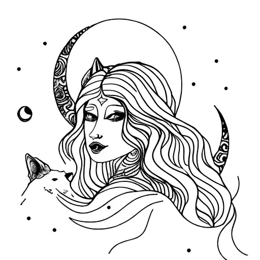 A Woman With A Wolf And The Moon In Background