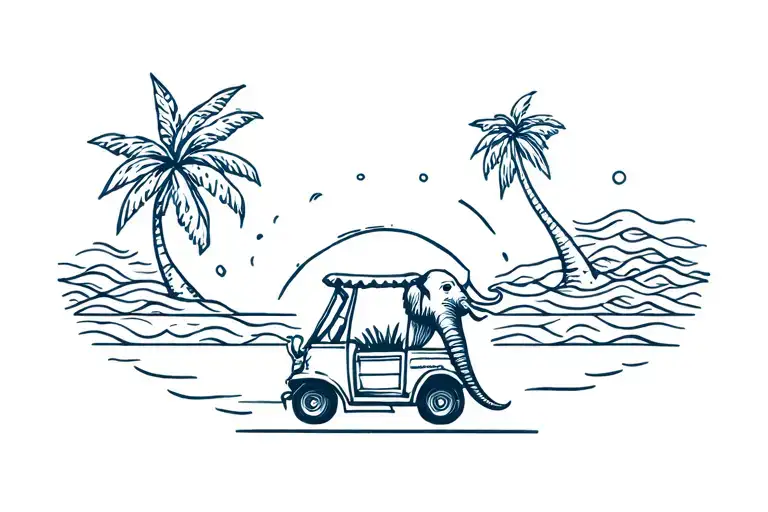 Elephant Tuk Tuk And Palmtrees Waves And Sun Shining